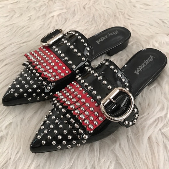 Jeffrey Campbell Daniel Black Patent Red Silver Studded Loafer Pointed Toe Mule
